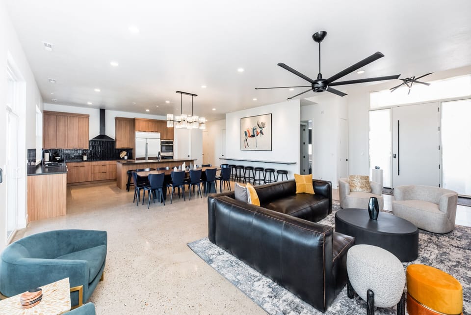 Main living area with family room, dining room and kitchen.