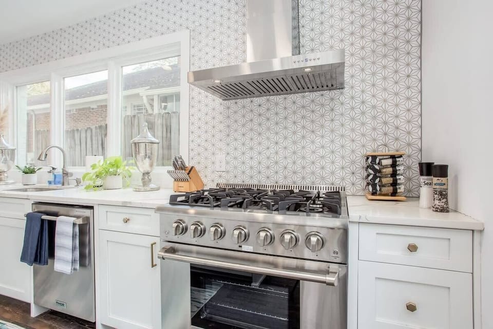 Industrial appliances in kitchen.