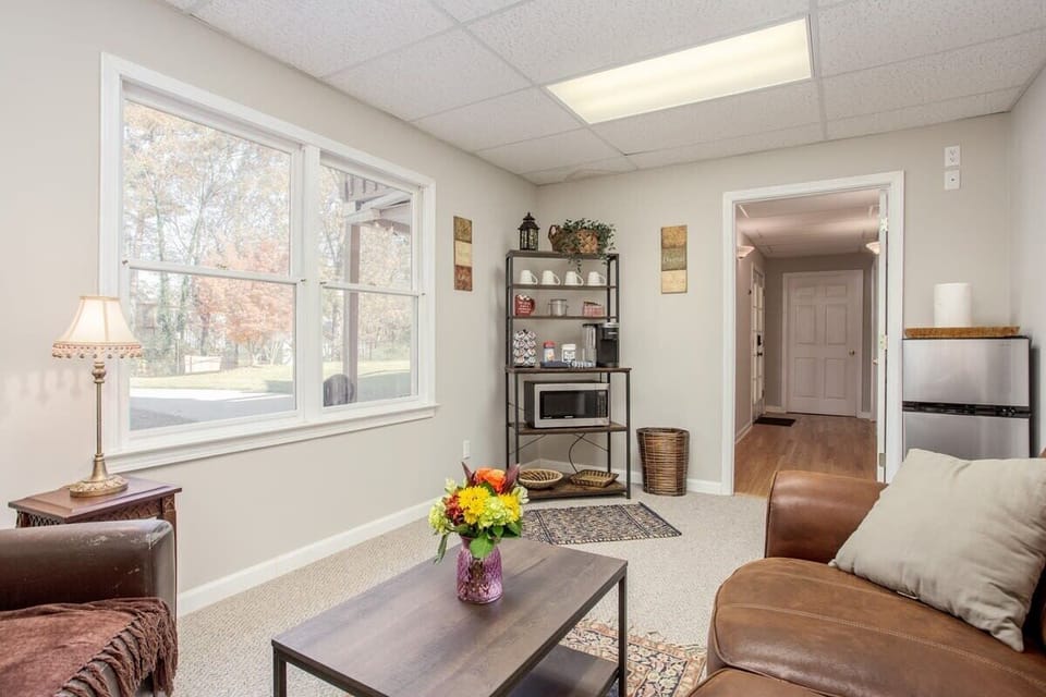 Sitting area with Coffee bar and Fridge.