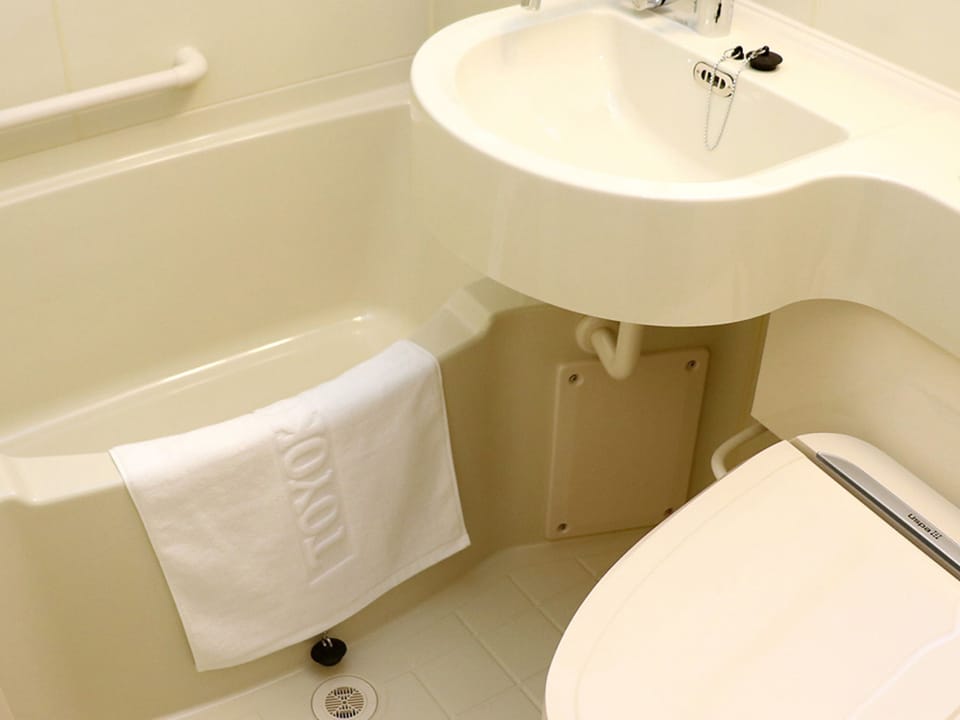 Combined shower/tub, slippers, bidet, towels