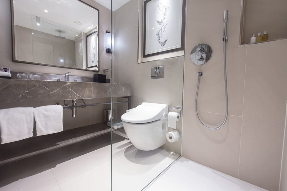 Eco-friendly toiletries, hair dryer, bathrobes, slippers
