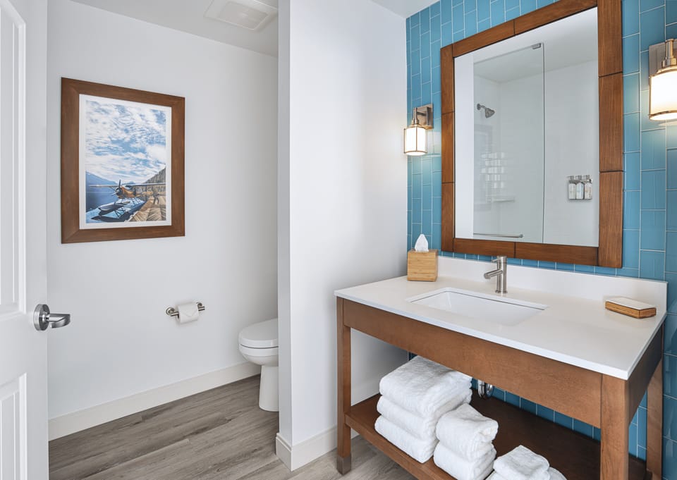Shower, rainfall showerhead, free toiletries, hair dryer