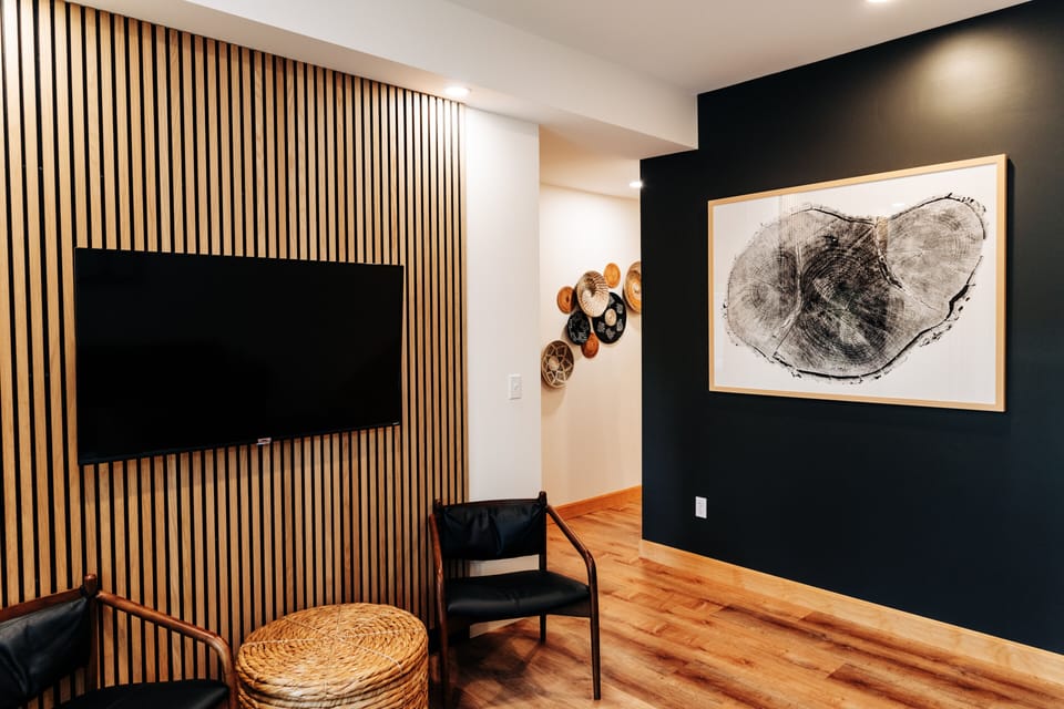 Downstairs: a bedroom, a game room, a living room/TV, a walk in shower bathroom 