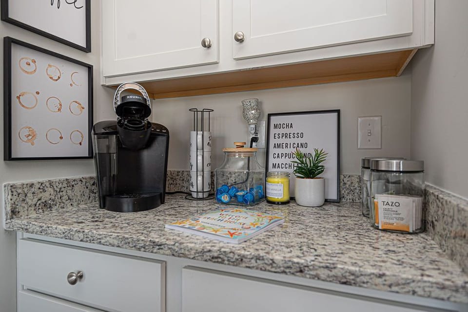 Kitchen Coffee Bar with Keurig, coffee cups, tea, coffee and hot cocoa pods