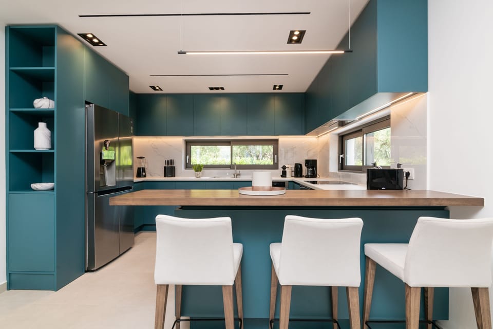 Deluxe Villa | Private kitchen | Full-size fridge, microwave, oven, stovetop