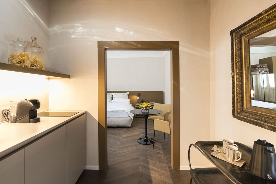 Luxury Apartment | Private kitchen | Full-size fridge, microwave, oven, stovetop
