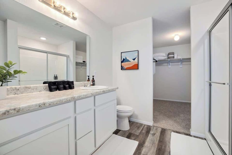 Our Master bathroom has a standing shower, single sink and tons of counter space.