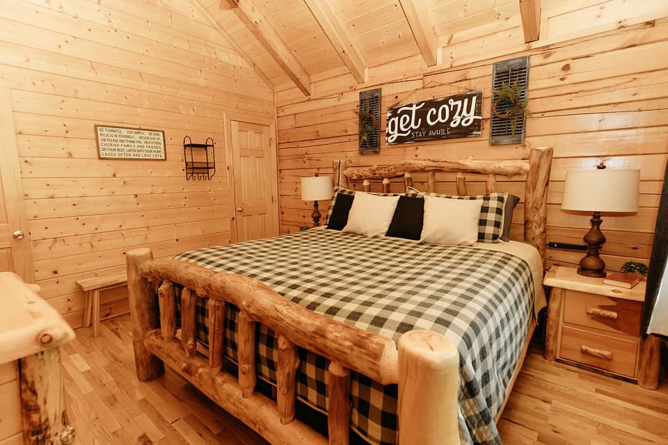 Master bedroom housing a king-sized bed, closet, small dresser and television.