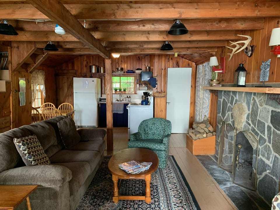 Main living space. Fireplace works with firewood supplied