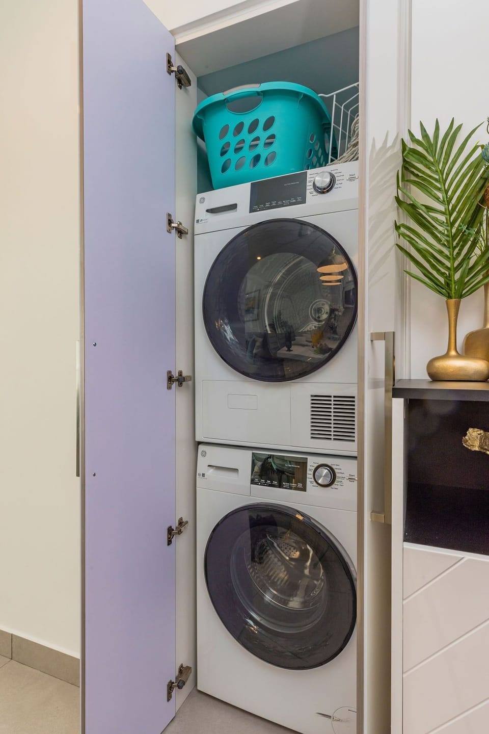 Keep your wardrobe fresh with ease—your dedicated stacked washer and dryer set makes laundry day simple and convenient during your stay.