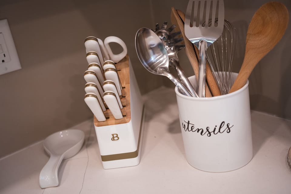 High quality utensils and a completely stocked kitchen with pots, pans, cups, utensils, kids items, garbage bags, etc.