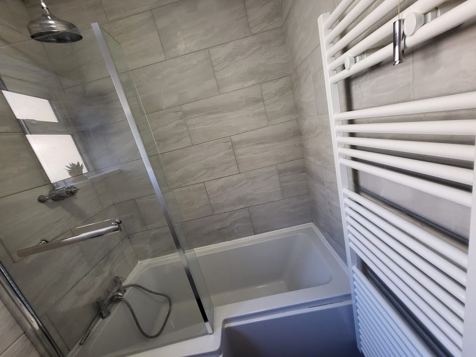 Rainfall showerhead, hair dryer, towels, soap