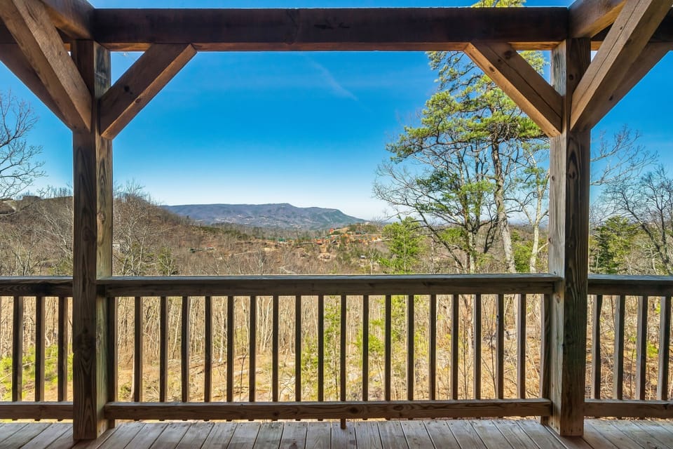 Unobstructed mountain view from the main deck in spring.