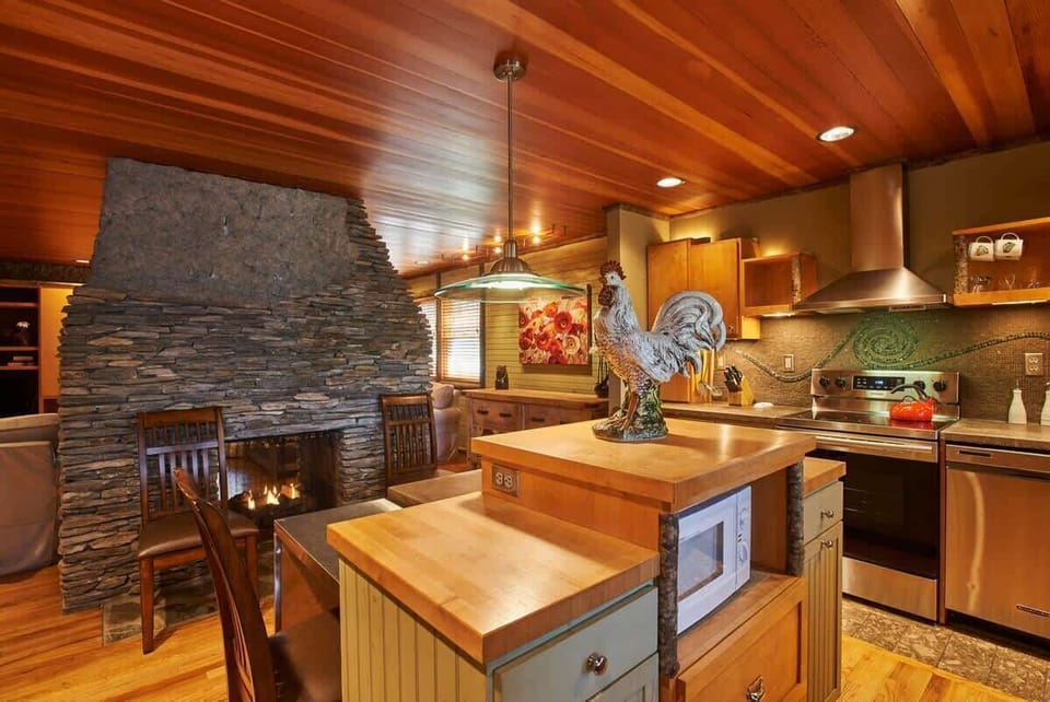 The fireplace makes it cozy while cooking