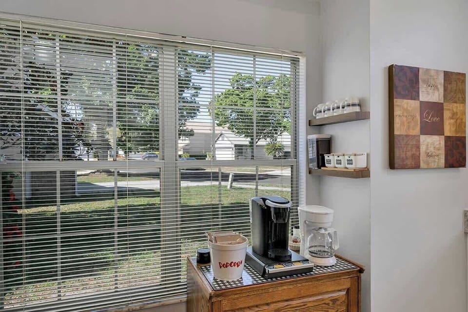 Coffee bar: Keurig (supplied with k-cups), coffee maker and all the extras: sugar, cream, coffee, sugar substitute, coffee filters & honey.