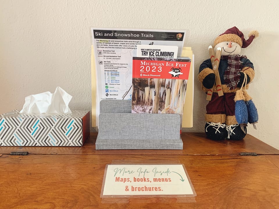 Local menus, trail maps, books, & brochures. 