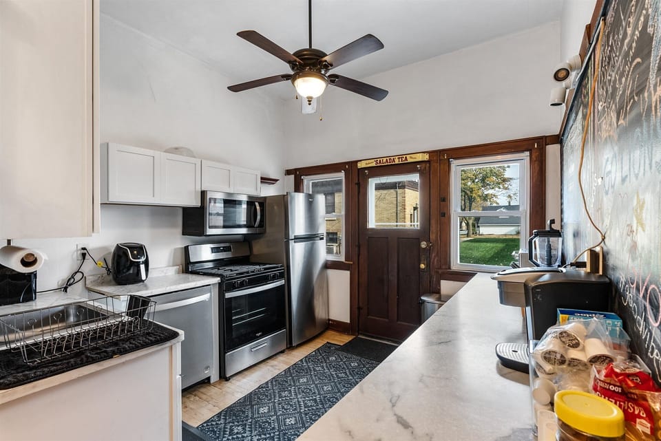 Fully equipped kitchen; pots, pans, baking ware, oven mitts, and many more.