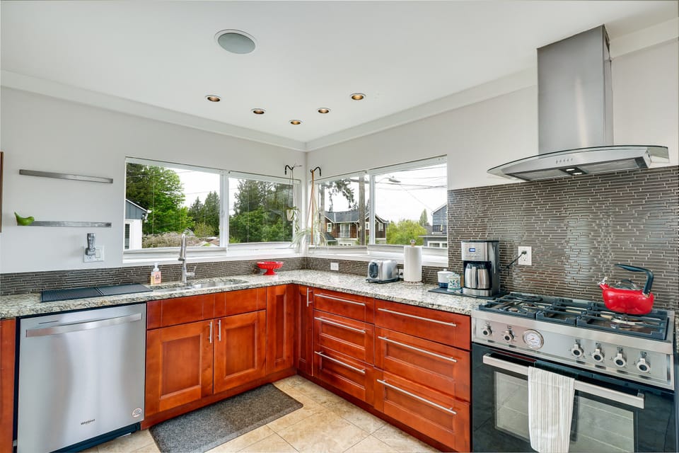 Fully stocked chef's kitchen with Bertazzoni gas range.