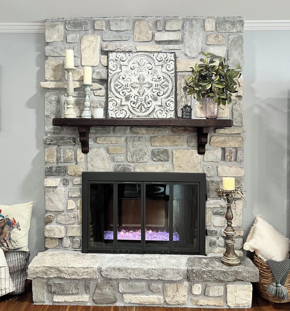 Hand painted stone fireplace.  Wonderful in fall and winter 