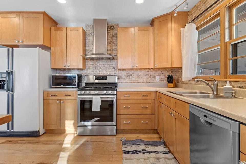Large Open Kitchen, refrigerator, stove, oven, coffee maker