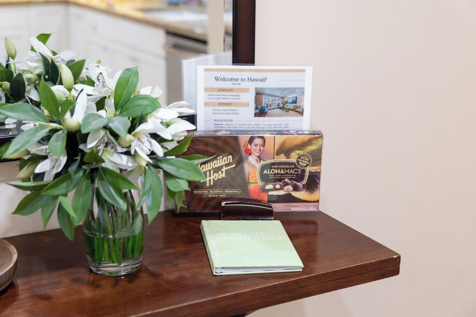 Thoughtful welcome touches and fresh flowers greet you at arrival!
