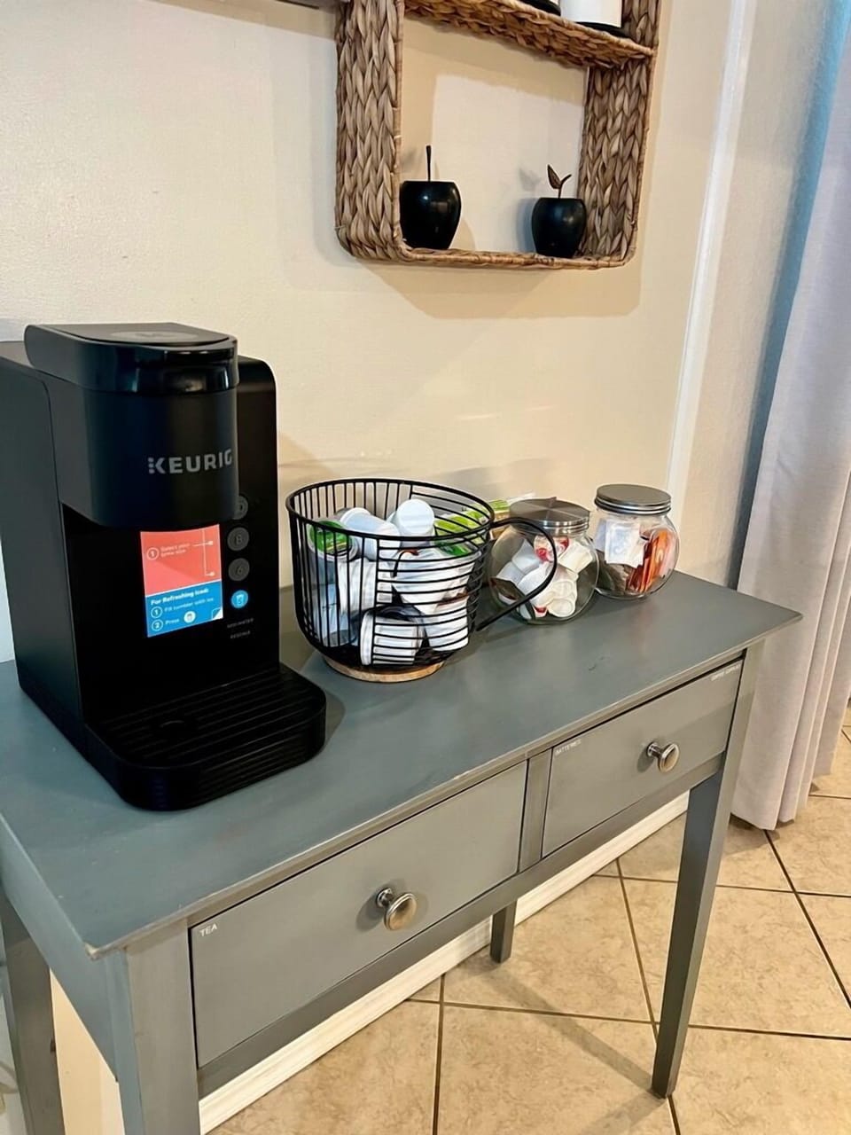 Fully stocked coffee and tea station.