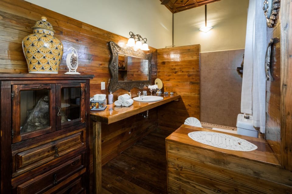 beautiful bathroom with conditional air, beach towels and body shower.
