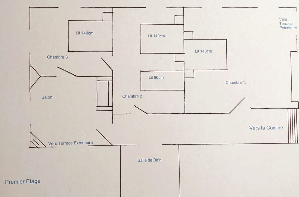 Plan of bedroom level in the Gite (upstairs)