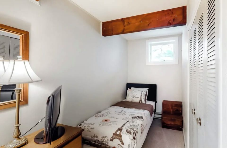 Downstairs bedroom with twin bed and closet