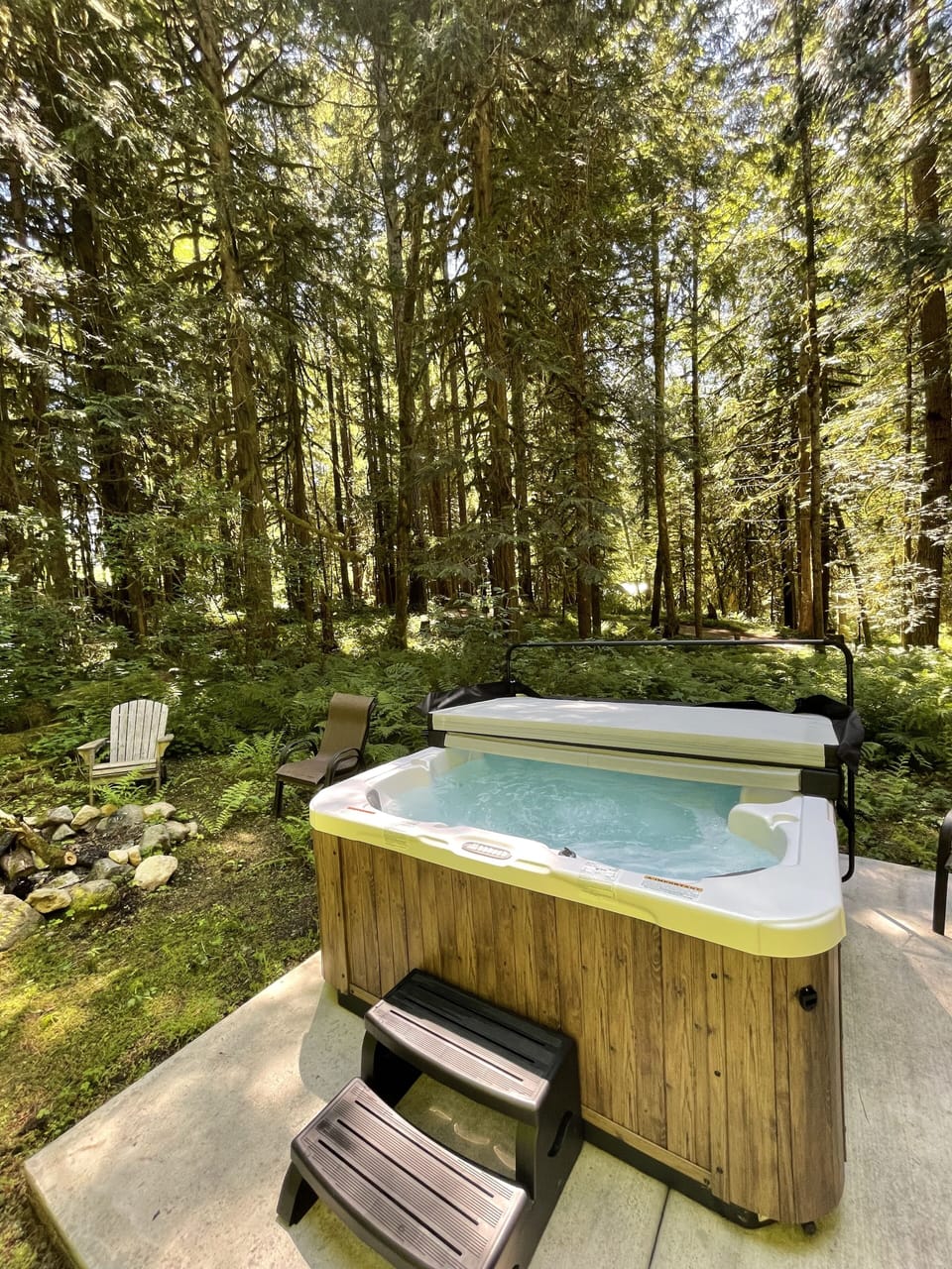 Relaxing hot tub is surrounded by wooded backyard with endless greenery. 