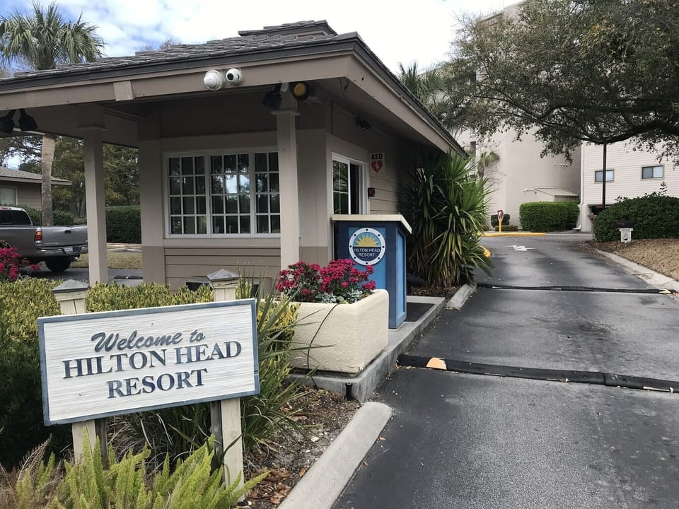 Hilton Head Resort 24 hr.  Ask for your automobile pass here.  Bear to the right