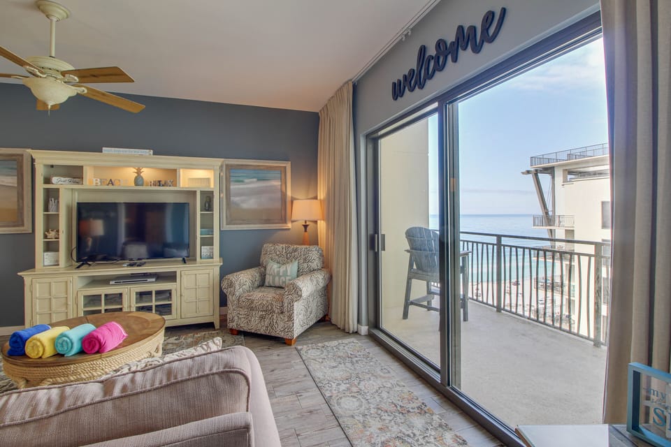 Homey and comfortable living space for relaxing after a day in the sun.