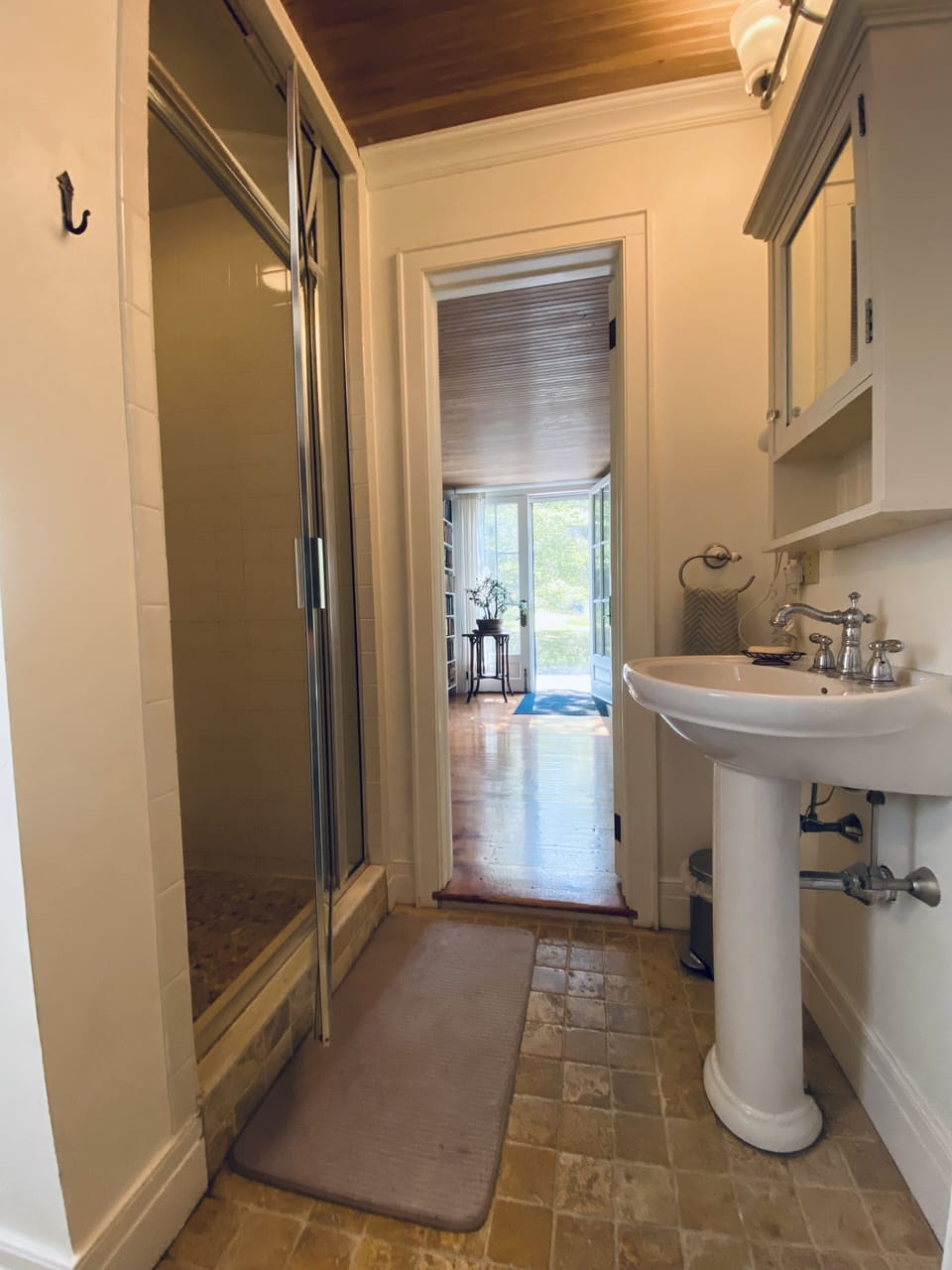 A view looking out of the bathroom.