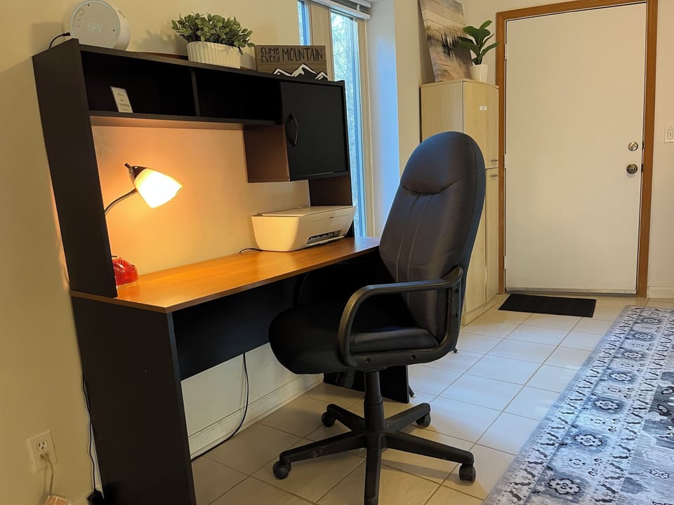 Full-size desk with Comfortable Chair, Light, and Printer