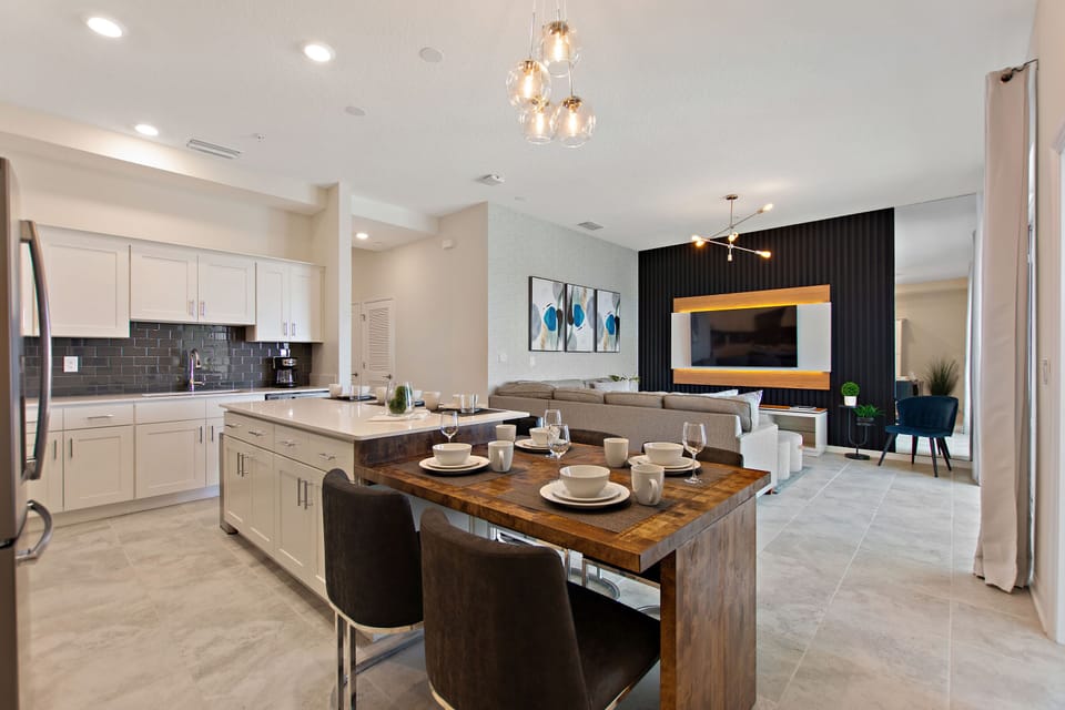 Dining area overlooking the living area and the kitchen