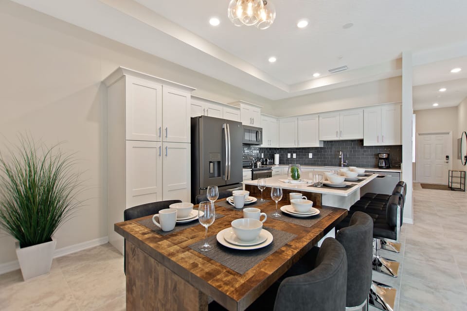 Dining area overlooking the living area and the kitchen