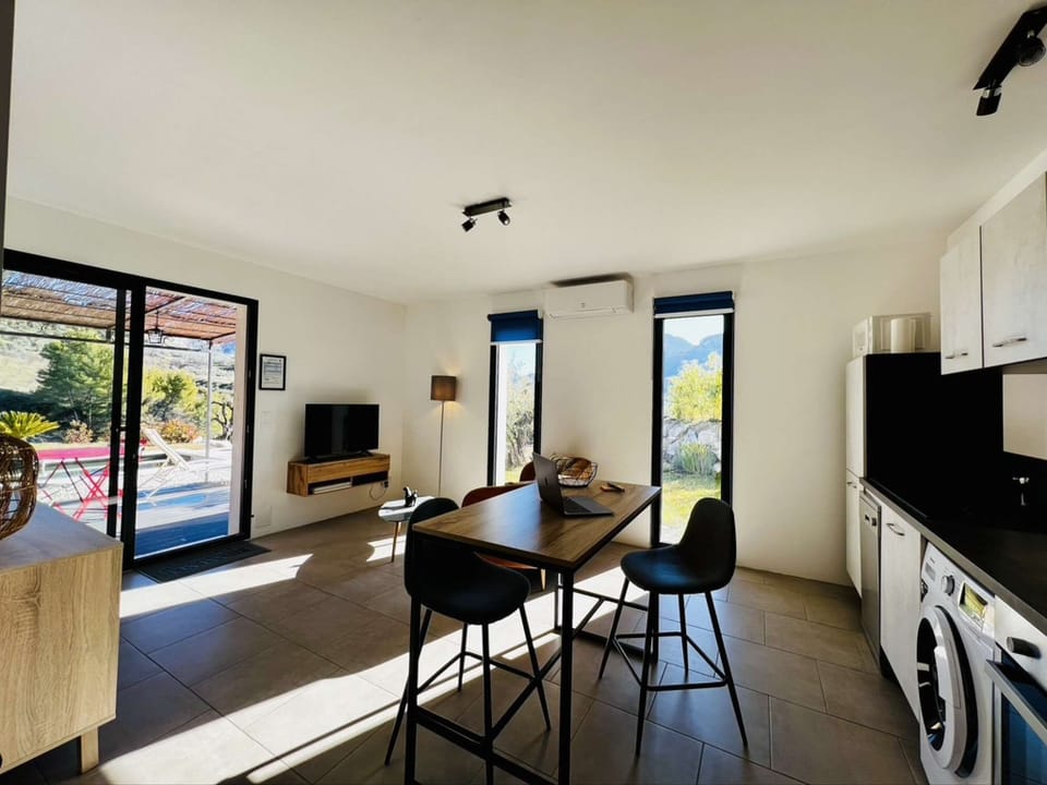 overview of living room, lounge and terrace garden pool