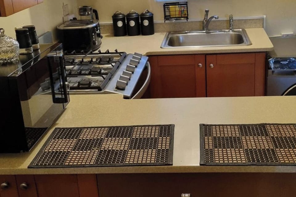 Fridge, microwave, oven, electric kettle