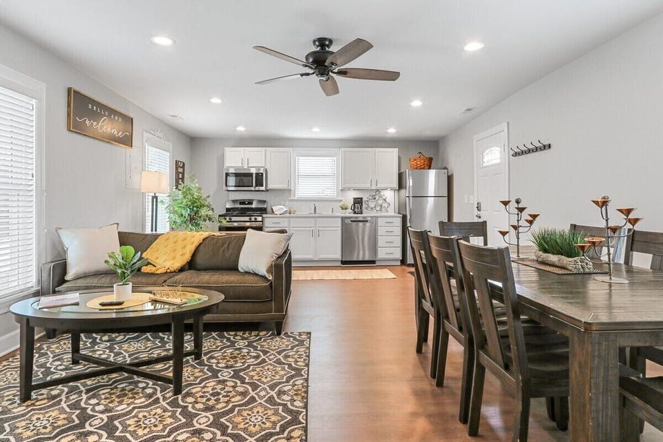 Open concept kitchen, to dining and living