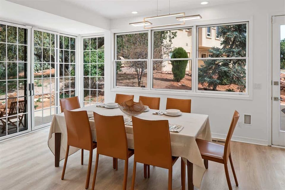 The dining table seats all 8 guests