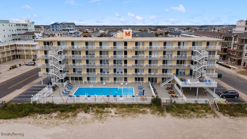 Drone view of the hotel located right on the beach 