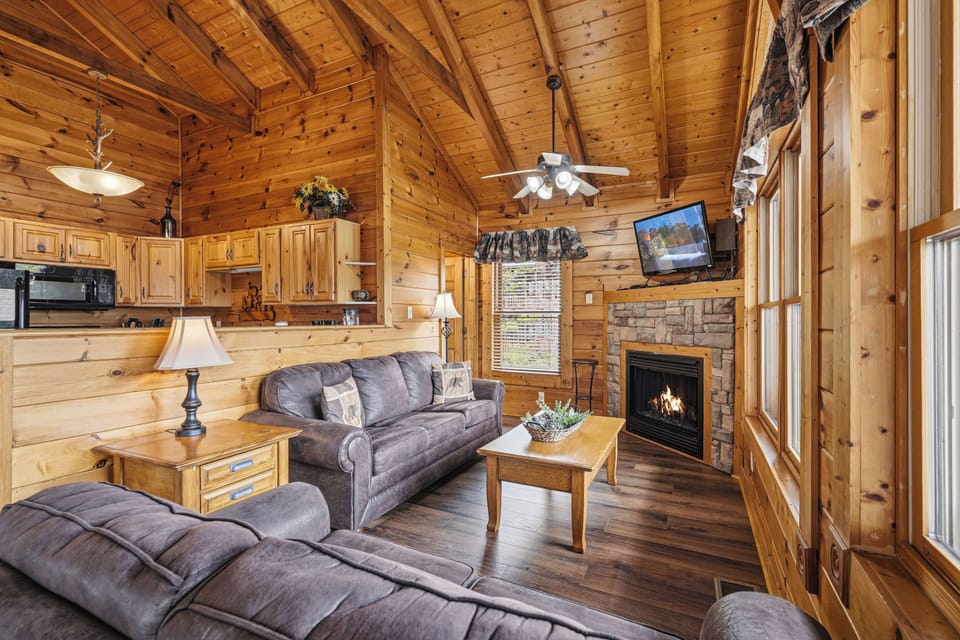 Relaxing living room with TV, fireplace & sleeper sofa