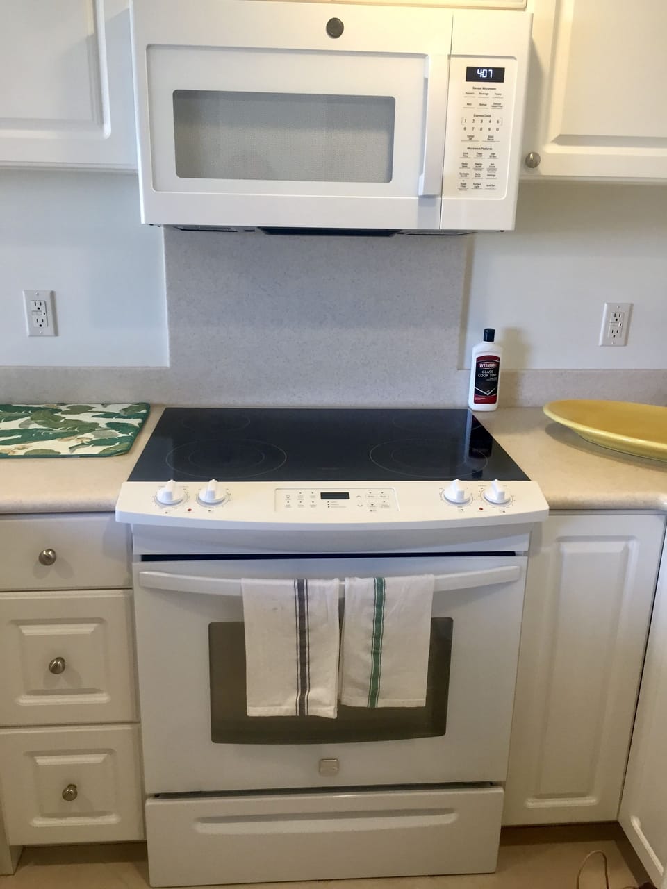 Oven and microwave.  Lots of pots, pan, dishes, glasses, silverware,  etc.