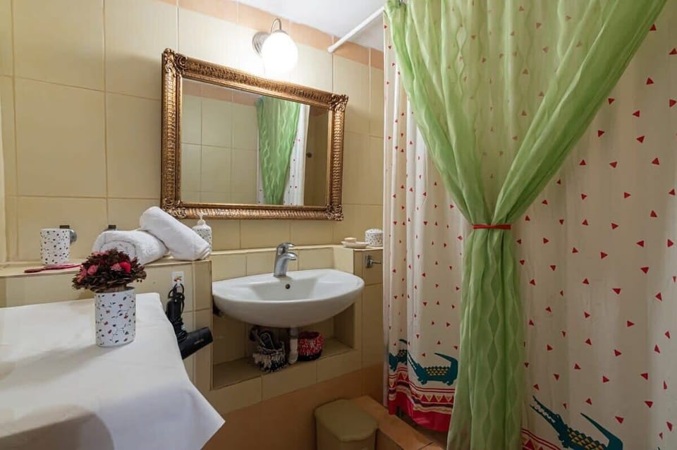 En suite bathroom with shower – Bathroom featuring a sink and olive-green curtain.

