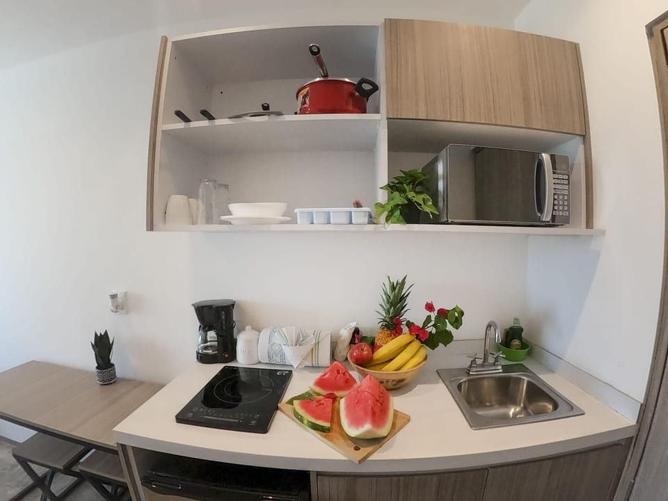 Kitchen with microwave oven and sink in Playa del Carmen rental.