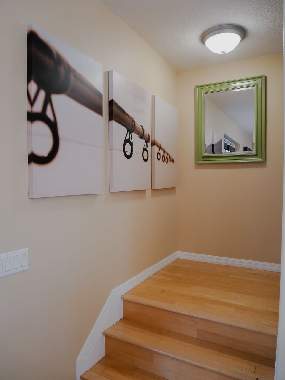 Stairs lead up from living room