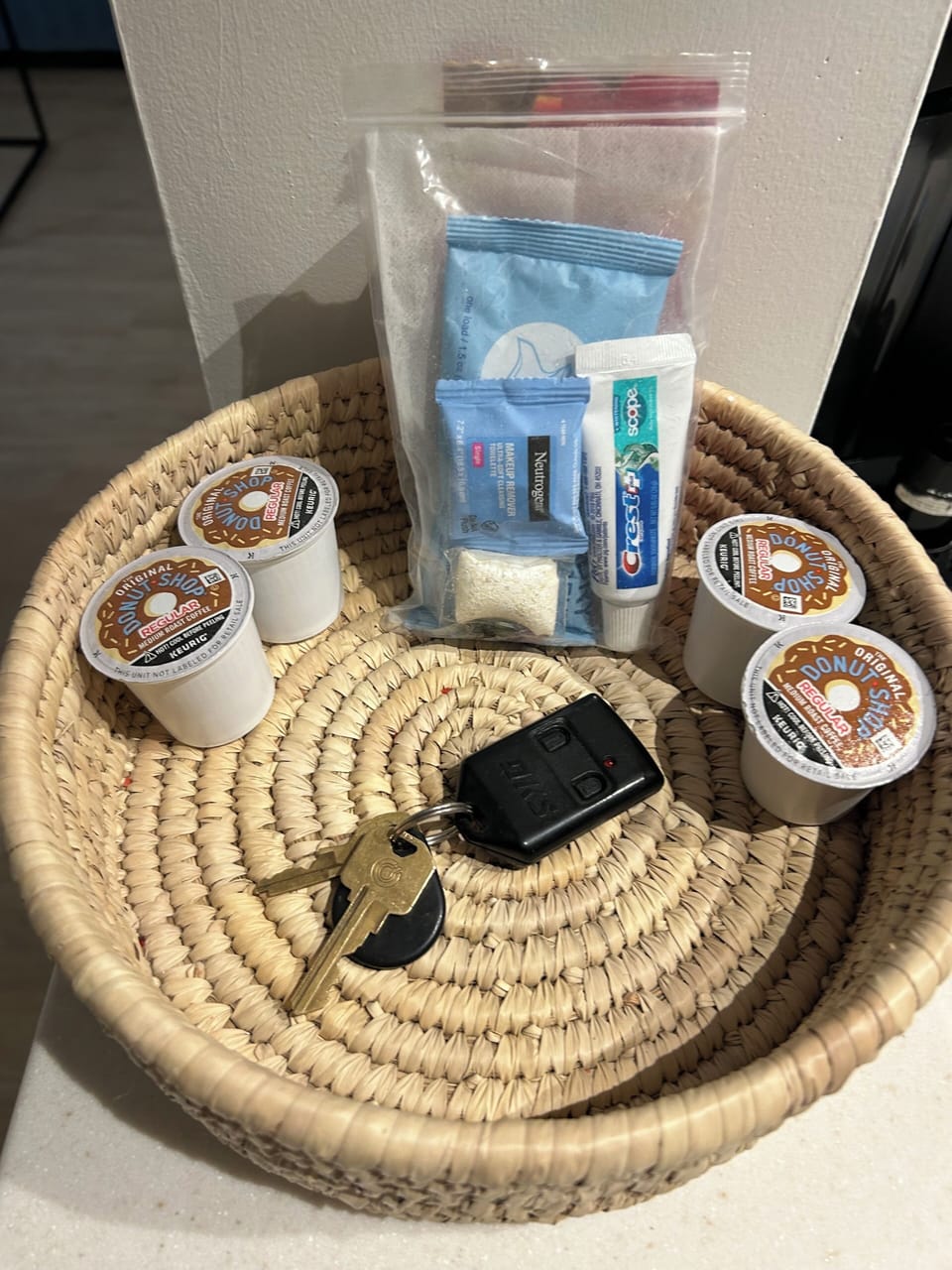 Starter kit: toothpaste, laundry detergent, dryer sheet, make-up remover, kcups.