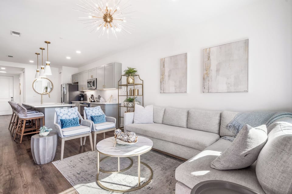 The living area flows into the kitchen