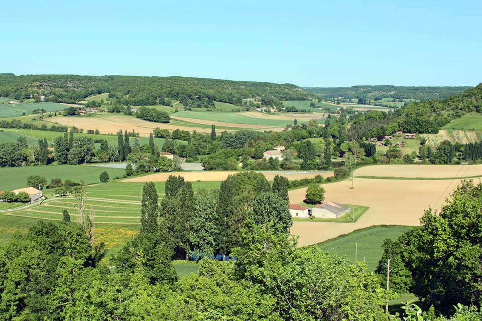 Corbiac valley and farms from nearby hilltop.