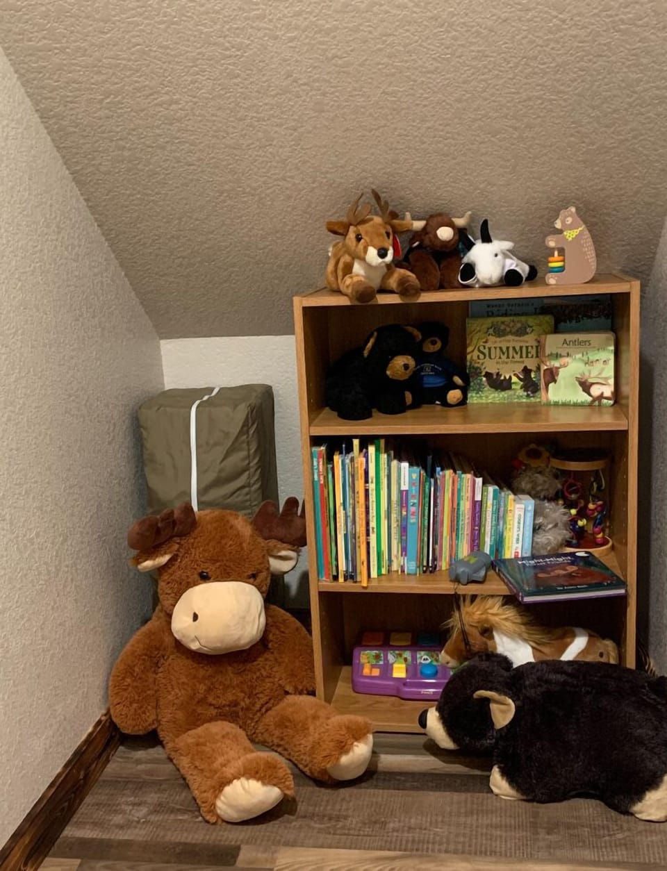 Kids area with pack and play, toys and books